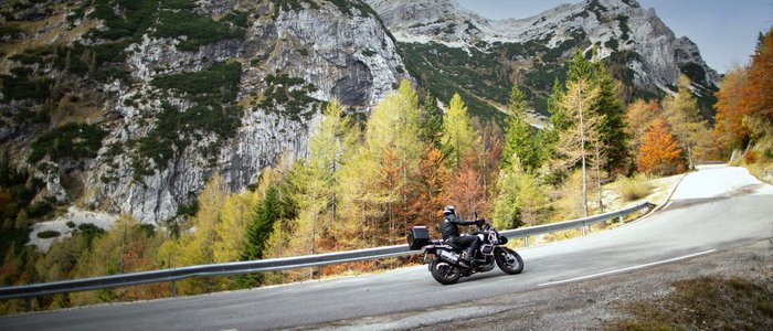 Motorradfahrer auf kurviger Bergstraße mit herbstlichen Bäumen und Felsen