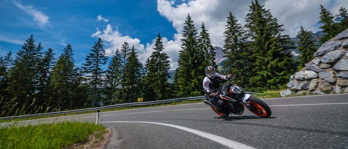 Motorradfahrer auf kurviger Bergstraße vor Nadelbäumen und blauem Himmel