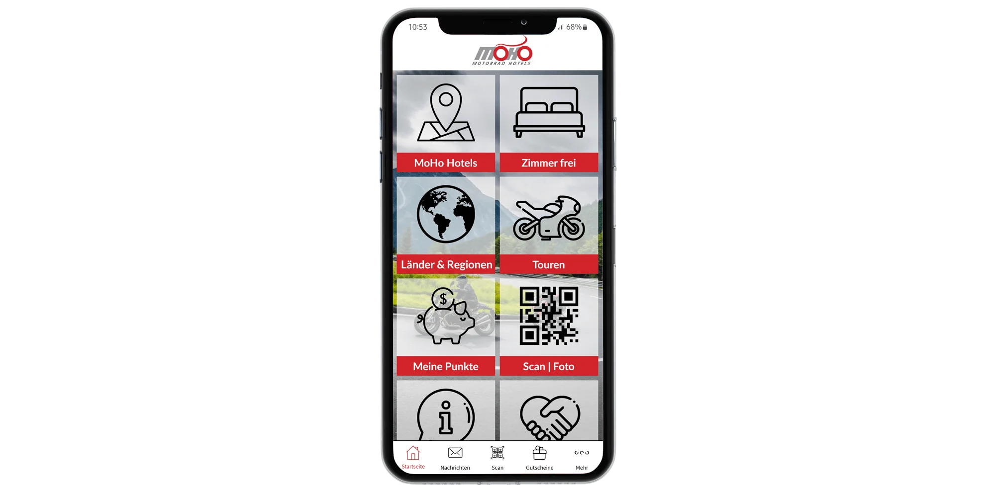 Smartphone toont MoHo Hotels app met navigatie- en boekingsopties