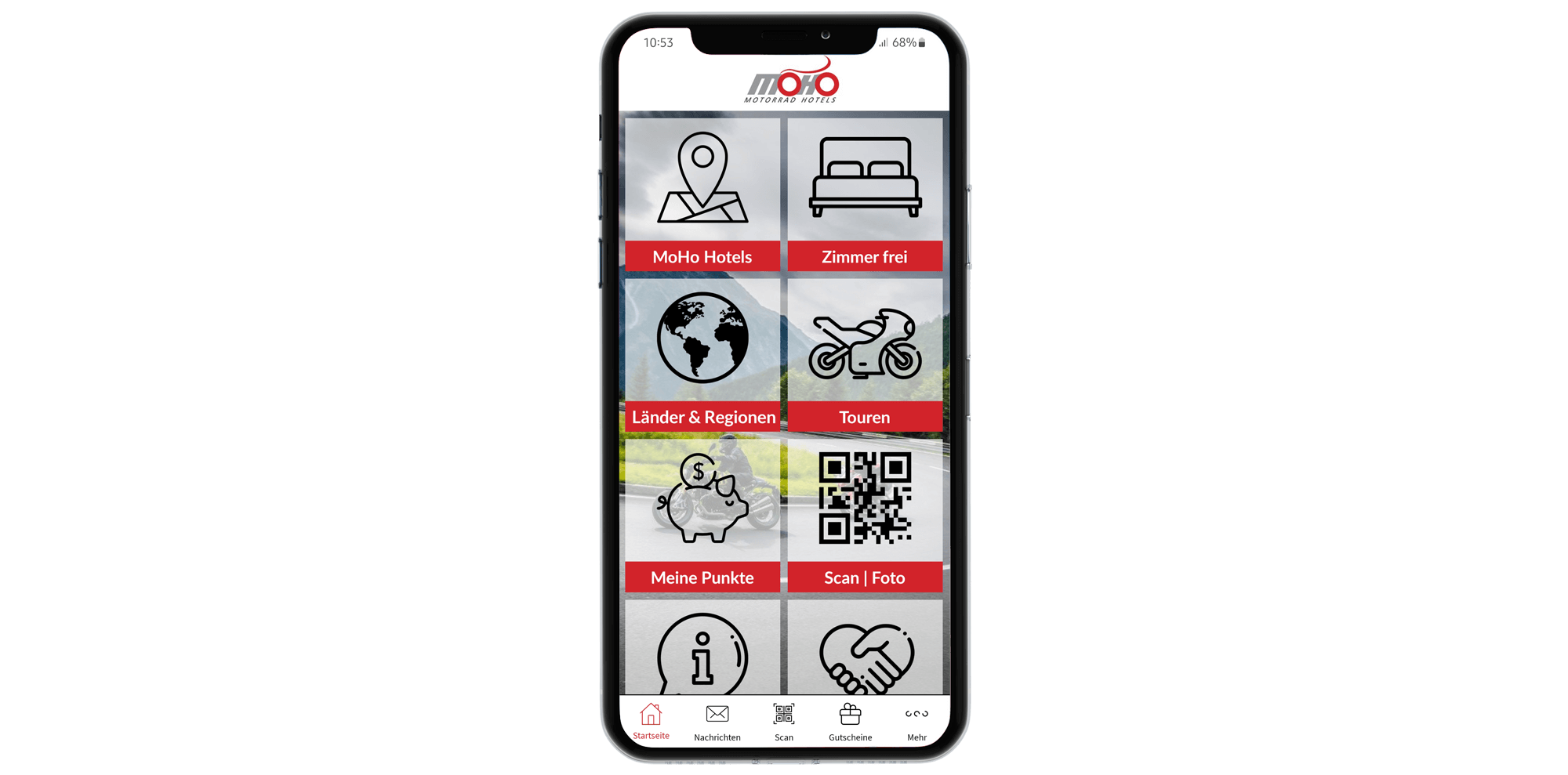 Smartphone zeigt MoHo Hotels App mit Navigations- und Buchungsoptionen