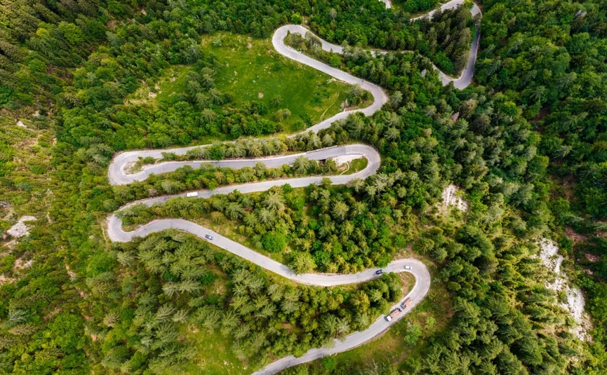 Luftaufnahme einer kurvigen Bergstraße durch dichten grünen Wald