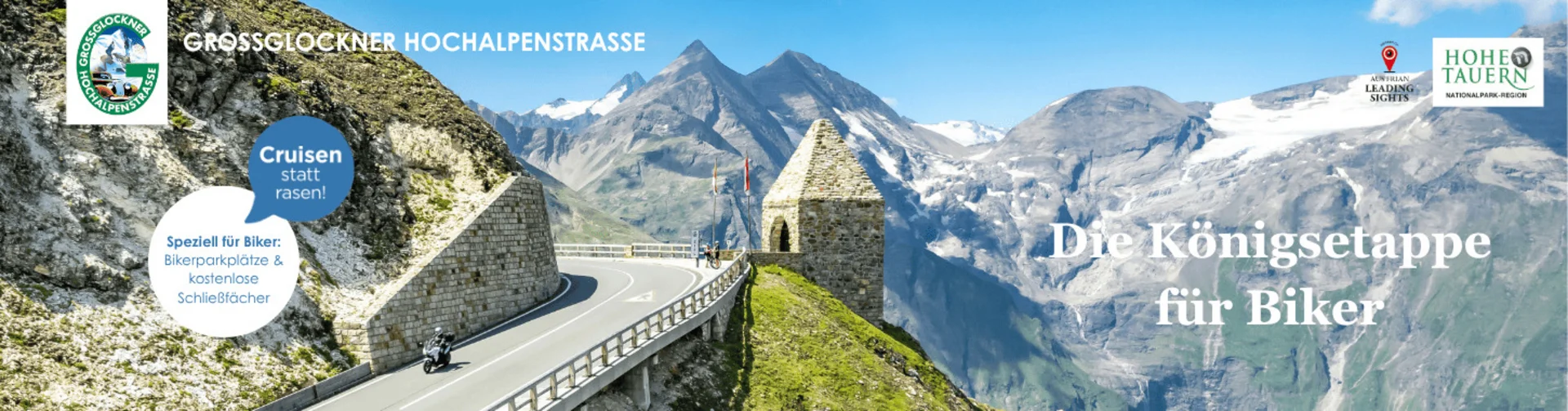 Motorradurlaub © Großglockner Hochalpenstraße Kurvenreiche Alpenstraße mit Motorradfahrer, steinernen Gebäuden und schneebedeckten Bergen