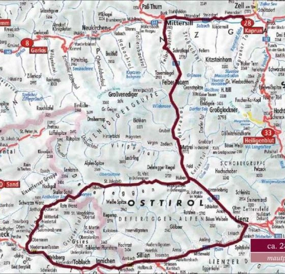 Karte der Route in Osttirol mit Entfernungsangabe ca. 280 km