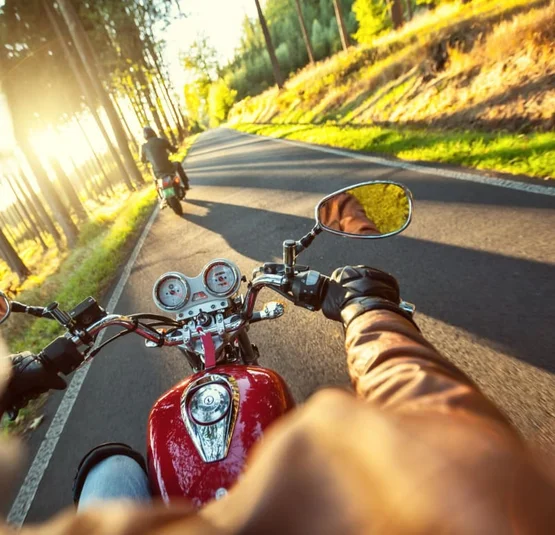 Dolomiti Motorbike Days Motorfietsers rijden op een zonnige landweg door een bosrijk gebied