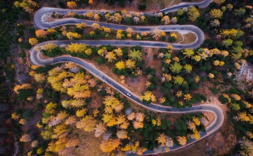 Luftaufnahme einer kurvigen Straße durch einen herbstlichen Wald