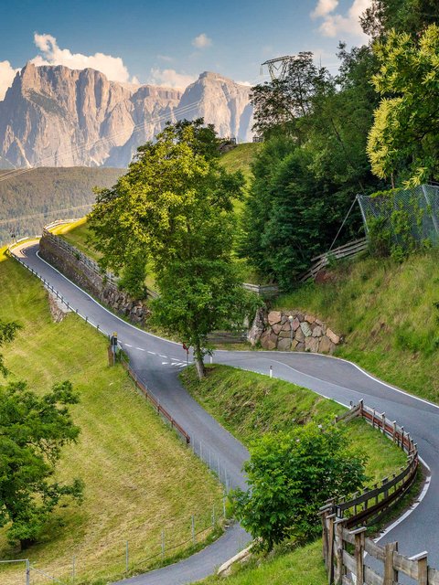 Motorradfahrer auf kurviger Bergstraße mit Bergen und Bäumen im Hintergrund