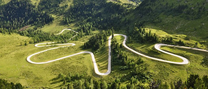 Serpentinenstraße in grünen, bewaldeten Bergen bei Tageslicht