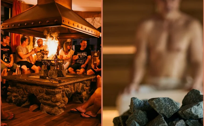 Sweaty Weekends Groep ontspant bij binnenhaard in sauna