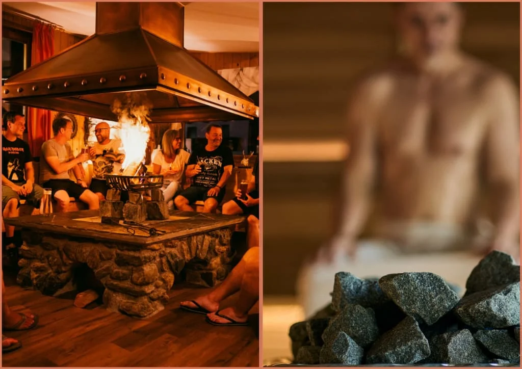Sweaty Weekend - Schwitzen. Entspannen. Gmiatlichkeit am Feuer. Gruppe entspannt sich am Kaminfeuer im Saunaraum