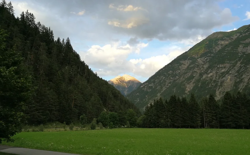 Groen dal met beboste bergen en bewolkte lucht bij zonsondergang