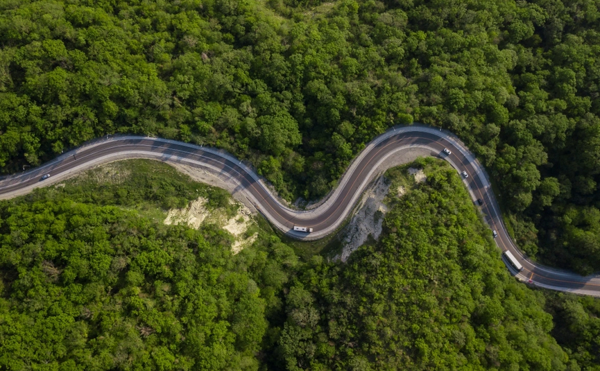 Kočevje Wildernis Ontdekkingsrit Luchtfoto van kronkelende weg door dicht groen bos