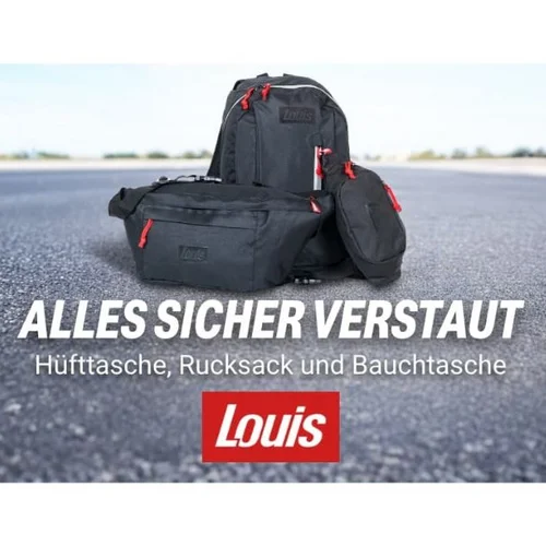 Schwarzer Rucksack, Hüfttasche und Bauchtasche auf Asphaltboden