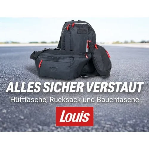 Schwarzer Rucksack, Hüfttasche und Bauchtasche auf Asphaltboden