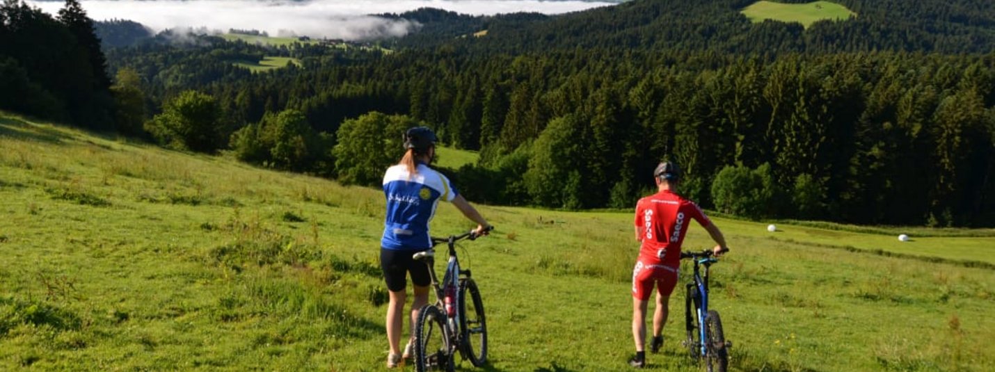 Zwei Radfahrer gehen auf einer grünen Bergwiese mit Wald und Bergen im Hintergrund