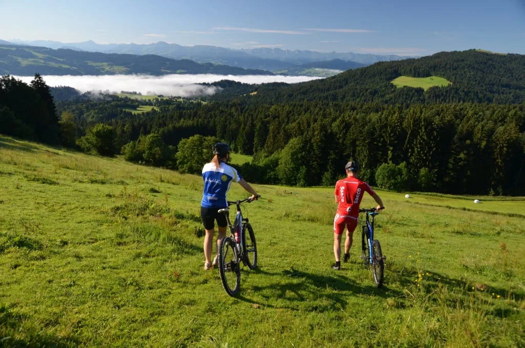 Two cyclists walking bikes on a green mountain meadow with forest and mountains behind