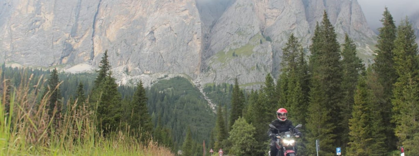 Motorcyclist riding on mountain road with clouds and pine trees