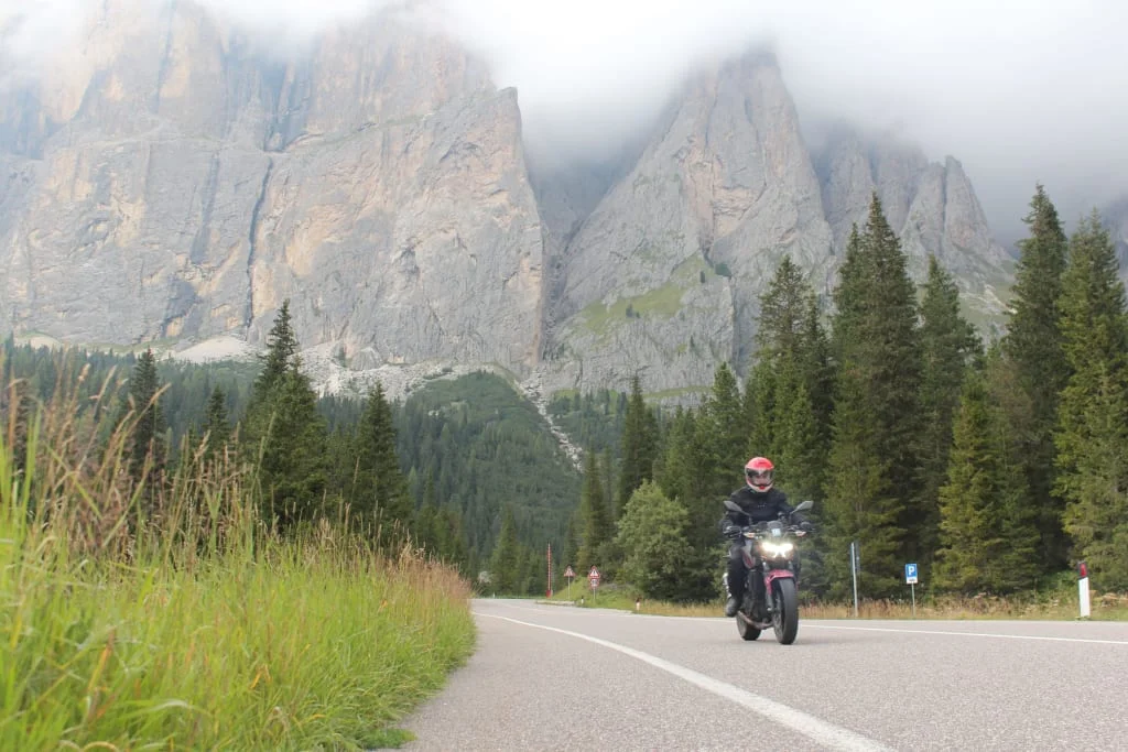 Motorcyclist riding on mountain road with clouds and pine trees