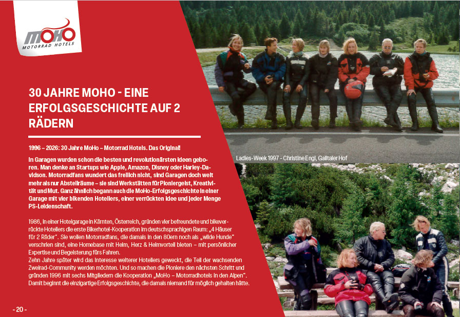 History of the MoHo's Group of motorcyclists in riding gear sitting outside by lake and on bench