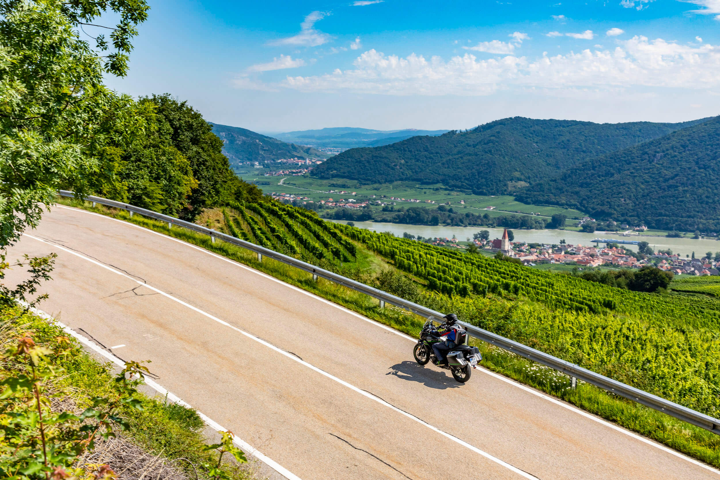 Motorcyclist riding on winding country road with vineyards and river view