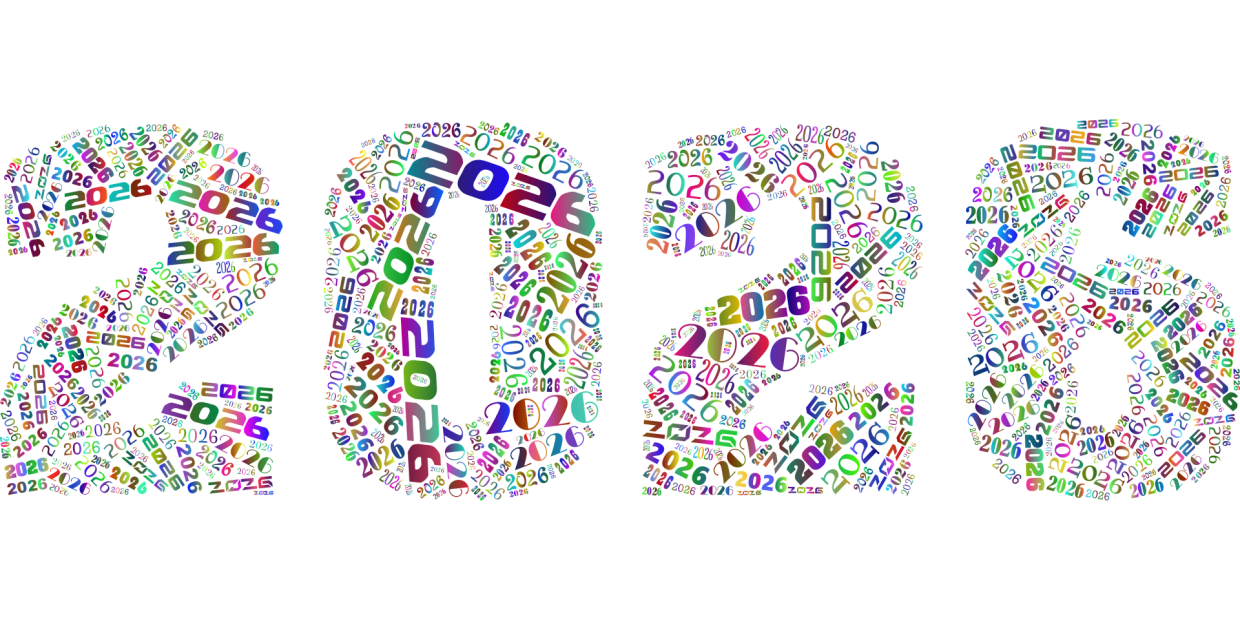 Bunte 2026 Jahreszahlen zusammengesetzt aus vielen kleinen 2026 Zahlen