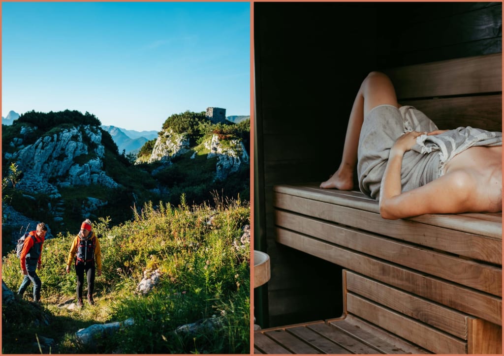 Herbst-Auszeit: Wandern & Relaxen Zwei Wanderer in den Bergen und eine Person entspannt in der Sauna