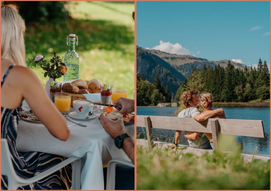 Für Euch Zwei - Zeit, die bleibt Paar beim Frühstück im Garten und auf einer Bank am See in den Bergen