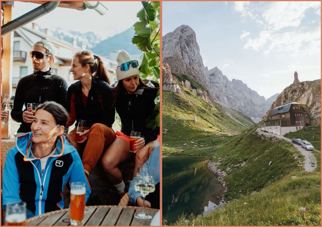 Power-Frühlingskick Gruppe von Menschen trinkt und spricht draußen, daneben Berglandschaft mit Hütte