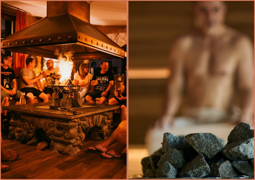 Sweaty Weekend - Schwitzen. Entspannen. Gmiatlichkeit am Feuer. Gruppe entspannt sich am Kaminfeuer im Saunaraum